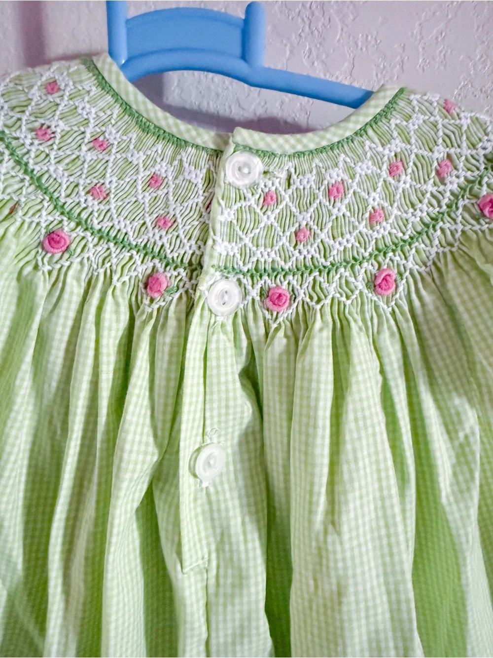 Remember Nguyen Lime Green Smocked Flutter Sleeve Bishops Dress with Pink Trim